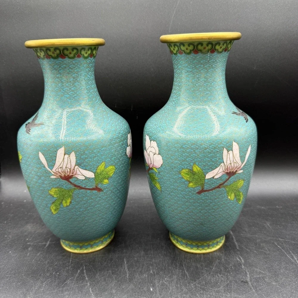 Vintage Chinese Teal Blue Cloisonne Enamel Brass Table Vases Pair Floral Birds - Picture 4 of 11
